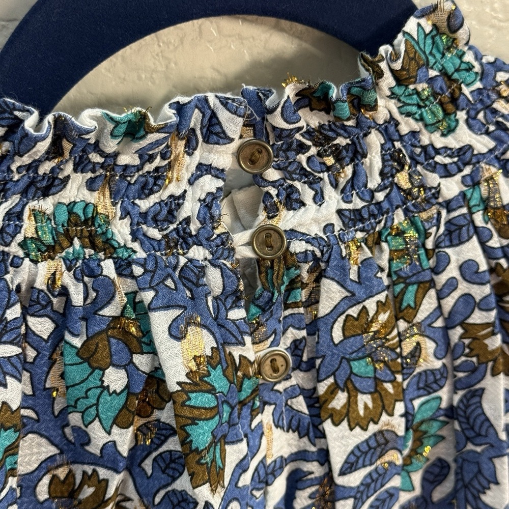 Oliphant Floral Print Smocked Neck Long Sleeve Tunic in Blue, Green, Gold - Picture 6 of 11